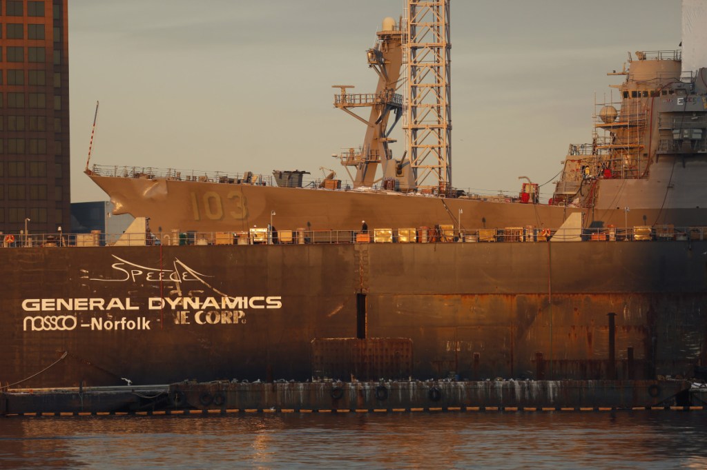 The USS Truxtun destroyer sits in dry dock at the General Dynamics Corp. NASSCO shipyard facility in Norfolk, Virginia, on Jan. 9. MUST CREDIT: Bloomberg photo by Luke Sharrett.