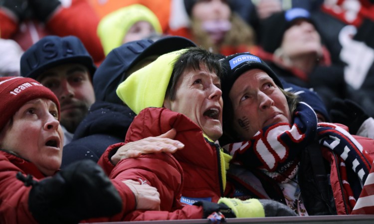 Sue Sweeney, the mother of Emily Sweeney of the United States, cries out as her daughter crashes on the final run during the women's luge final at the 2018 Winter Olympics in Pyeongchang, South Korea, on Tuesday.