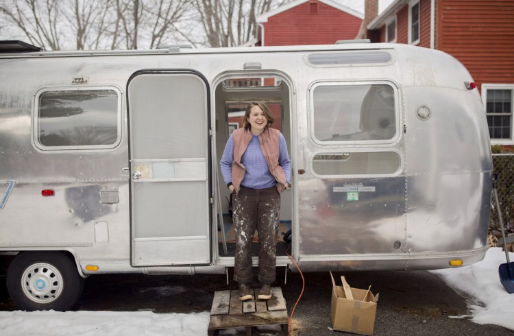 Galen Koch outside of her Airstream trailer with which she'll visit Maine communities to gather stories for her project, The First Coast.