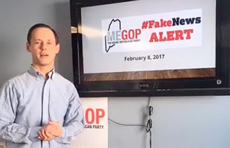 Maine Republican Party Executive Director Jason Savage is shown delivering a "Fake News Alert" in 2017 discussing a story his party thought failed to meet the standards of good journalism.