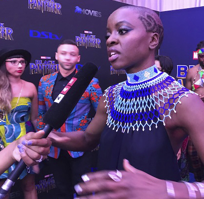 Above, T'Challa (Chadwick Boseman) is the king of the Afro-futuristic nation of Wakanda in "Black Panther."
Left, cast member Danai Gurira at the film's South Africa premiere on Friday in Johannesburg.