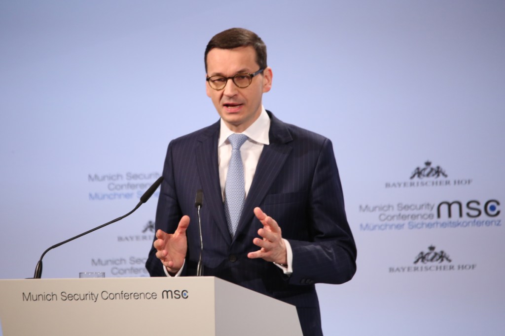 Polish Prime Minister Mateusz Morawiecki speaks at the Munich Security Conference. Israeli Prime Minister Benjamin Netanyahu called his recent comments "outrageous."
