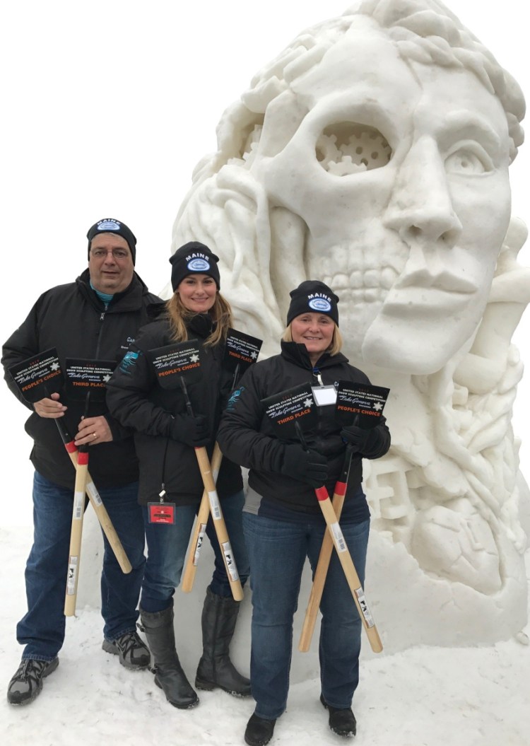 Amanda Bolduc of Skowhegan placed third at the U.S. National Snow Sculpting Championship in Lake Geneva, Wisconsin, in 2017 with her team of Cathy Thompson of Madison, on the right, and artist Paul Warren of Boston.