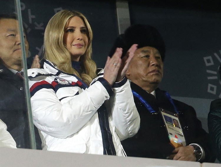 Ivanka Trump, President Trump's daughter, applauds during the closing ceremony of the 2018 Winter Olympics in PyeongChang, South Korea, on Sunday. At rear right is Kim Yong Chol, vice chairman of North Korea's ruling Workers' Party Central Committee.