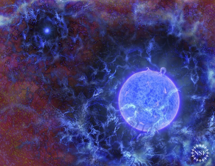 This image provided by the National Science Foundation shows a rendering of how the first stars in the universe might have looked. Scientists have detected a signal from 180 million years after the Big Bang when the earliest stars began glowing.