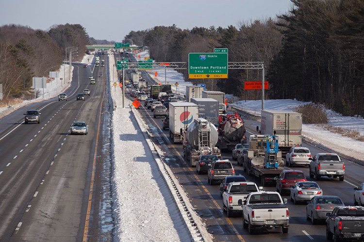 Traffic backed up on I-95 North after a four-car crash around 10 a.m. near Exit 42 and Exit 44 on the Maine Turnpike in Scarborough.