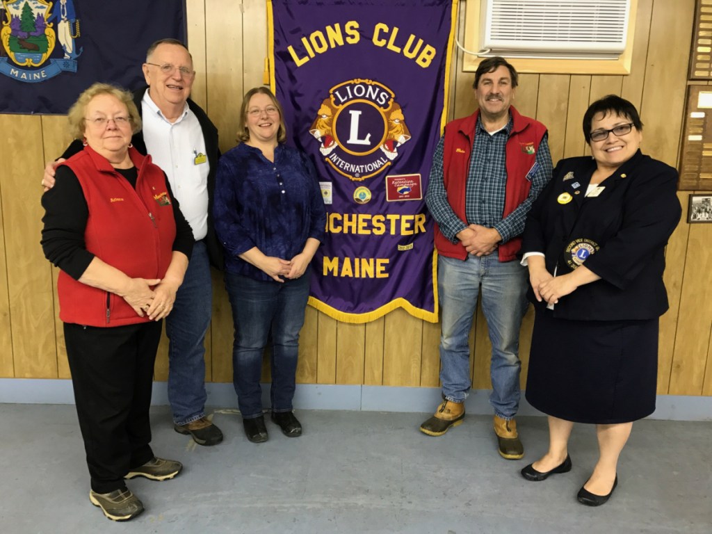 The Manchester Lions Club recently was presented awards, from left are Arlene Gagnon Manchester Lions Club President, Lion Andy Morse, Past District Governor Michelle Crocker, Lion Brian Sylvester and Second Vice District Governor Tia Knapp.