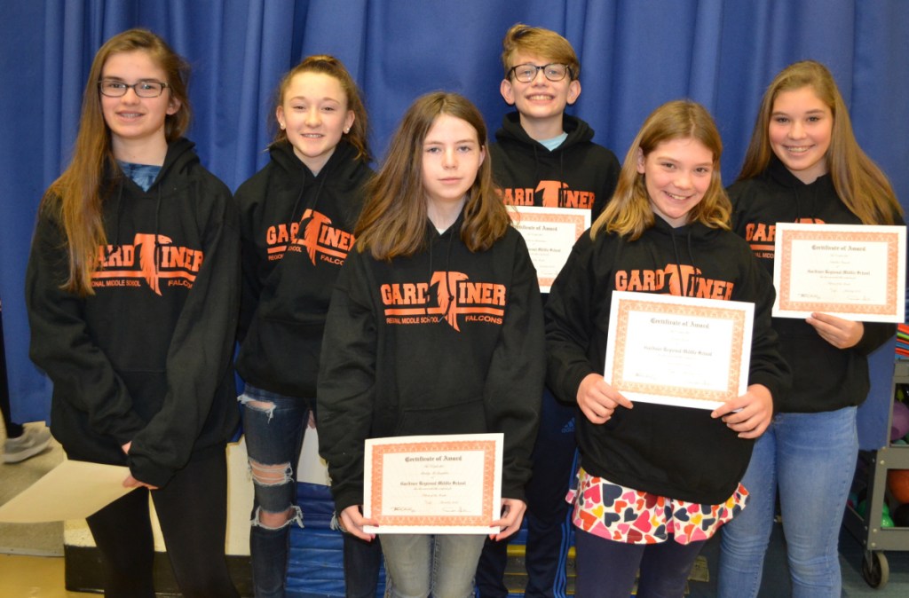 Gardiner Regional Middle School has announced its December and January Falcons of the Month. From left are Gigi Grant, Megan Gallagher, Bailey McLaughlin, Jackson Boudreau, Sarah Work and Natalie Fossett.
