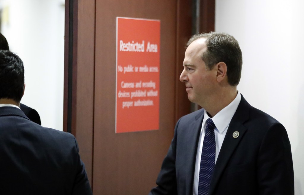 Rep. Adam Schiff, D-Calif., ranking member of the House Permanent Select Committee on Intelligence, arrives for the a closed-door meeting of the committee on Capitol Hill on Monday in Washington.