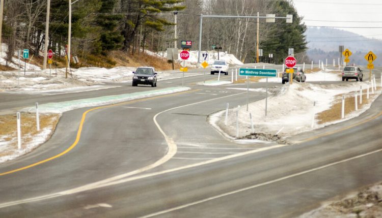 The intersection of U.S. Route 202 and Main Street is seen Tuesday in Winthrop. Local officials are asking the state Department of Transportation to review the new traffic pattern after a recent spike in crashes.