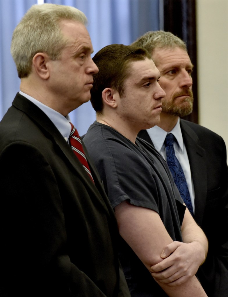 Staff photo by David Leaming
Defendant Jeremy Erving, flanked by his attorneys, Peter Barnard, left, and Philip Mohlar, listens as Justice Robert Mullen sentences him to 27 years in prison for the murder of his uncle Randy Erving in 2016.