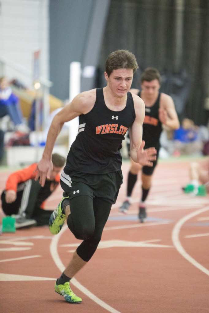 Winslow's Max Spaulding runs the 400 during the Kennebec Valley Athletic Conference championship meet Saturday at Bowdoin College.