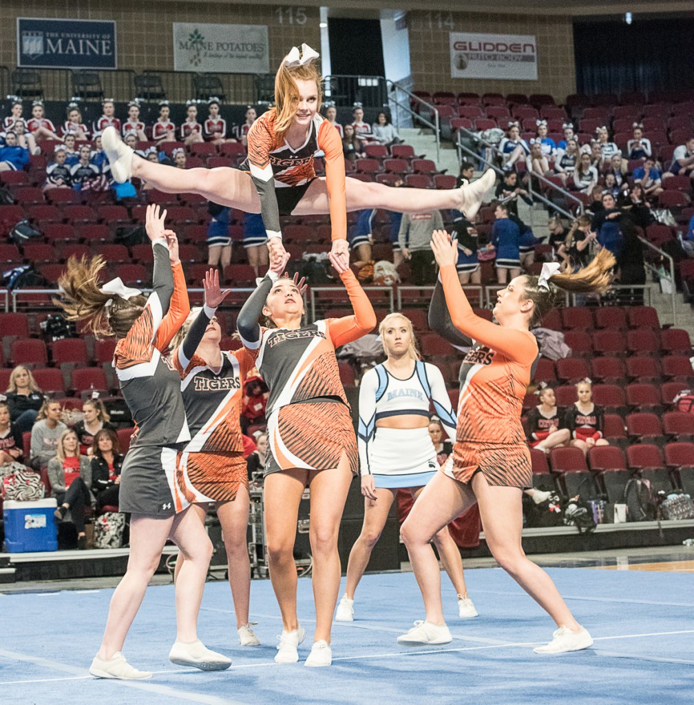 The Gardiner Tigers compete in the Class B state cheerleading championships Saturday in Bangor.