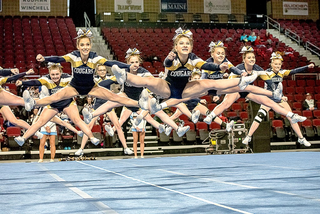 The Mt. Blue Cougars compete in the Class A cheerleading championships Saturday in Bangor.