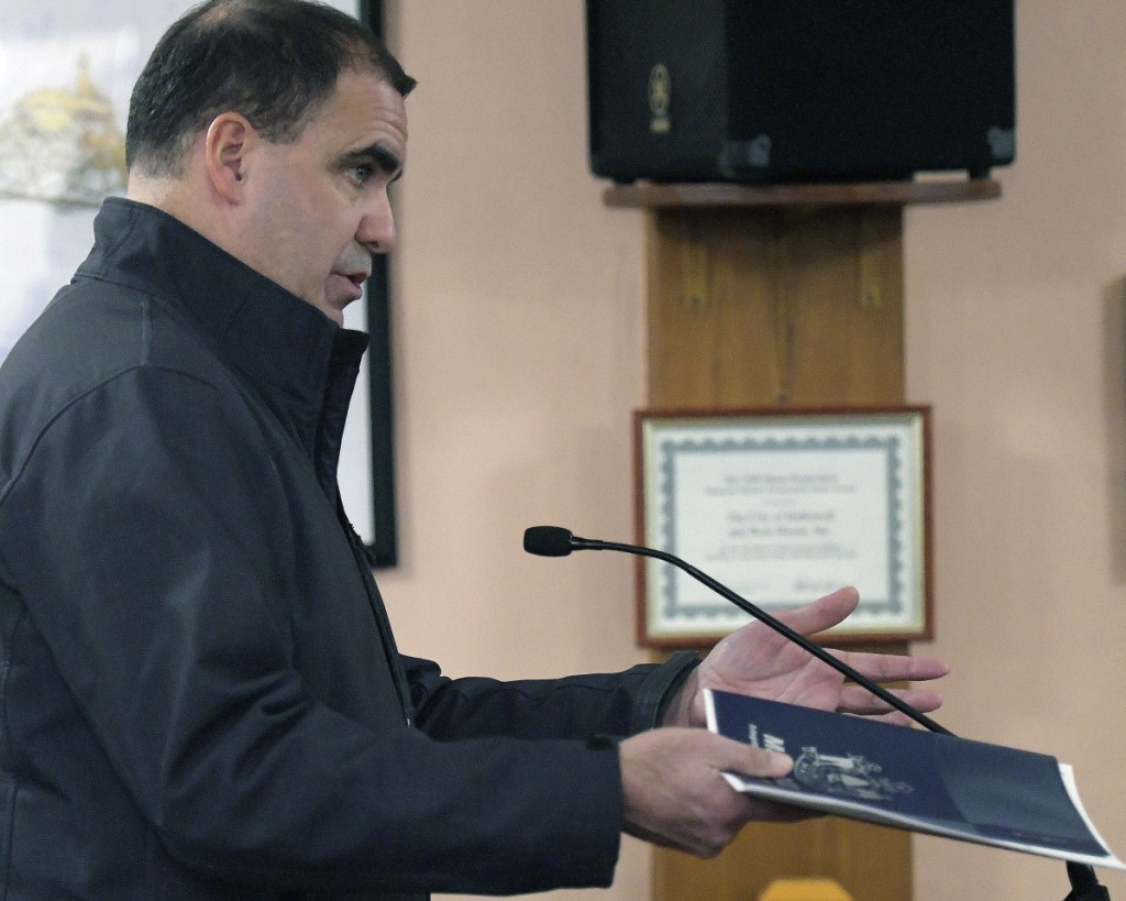 Maine Department of Transportation project manager Ernie Martin speaks to the Hallowell City Council on Monday about adding a crosswalk to Water Street in Hallowell.