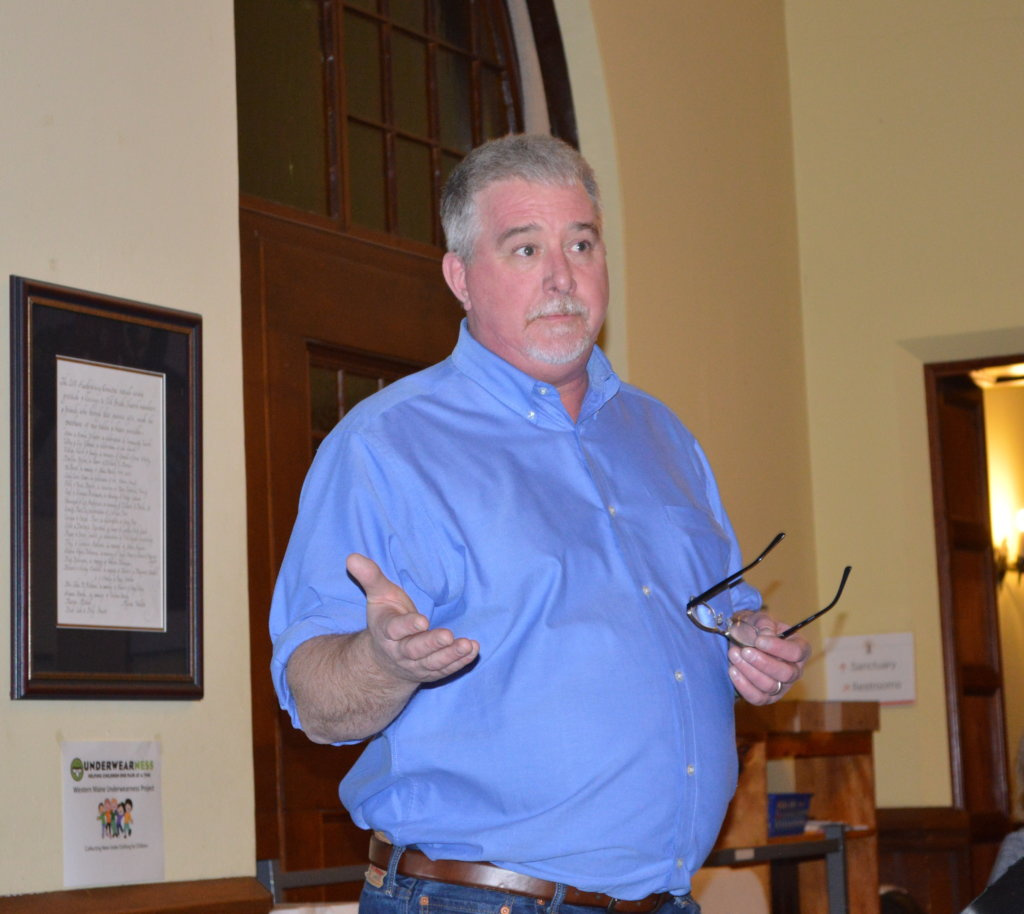 Chris Bicknell, executive director of New Beginnings, speaks Thursday night during a forum on youth homelessness at the Old South First Congregational Church in Farmington. Franklin County has been chosen as one of five sites nationally to join the 100-Day Challenge on Youth Homelessness.