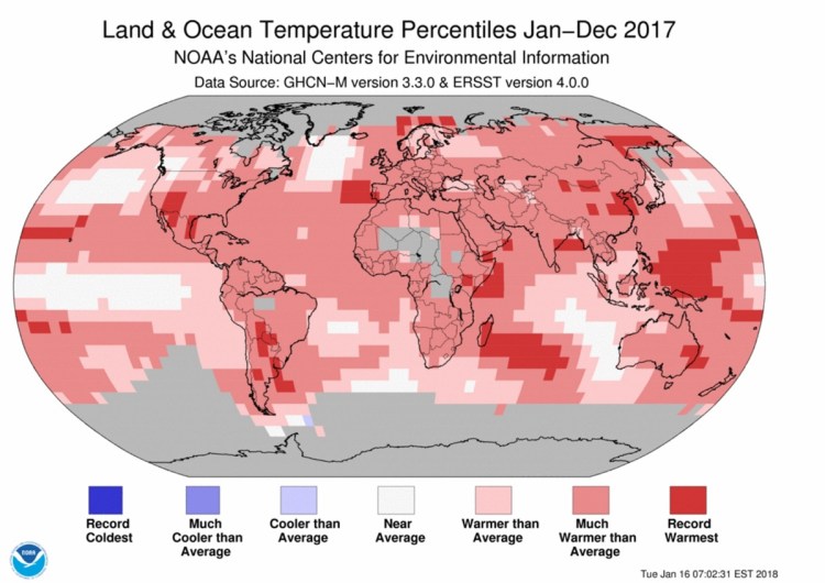 A graphic shows land and ocean temperature from January to December 2017.