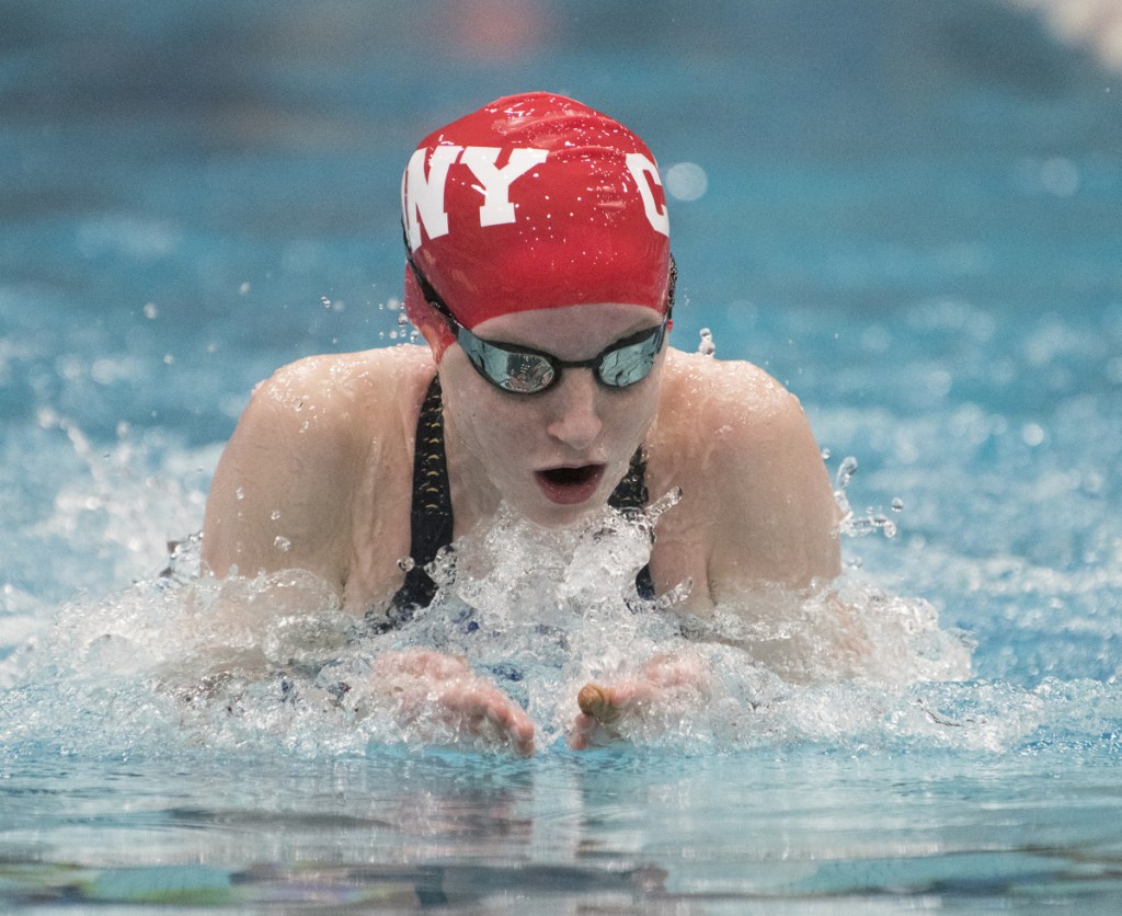 Cecilia Guadalupi of Cony competes in the 200-yard medley relay during the Class A state championship meet Monday in Orono.