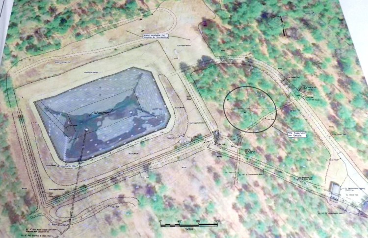 The Farmington Water Department is proposing to build a 2.5 million-gallon concrete reservoir, represented by the circle in the plan seen here. It would be adjacent to the existing 5 million-gallon, earthen reservoir shown by the rectangular area in the plan.