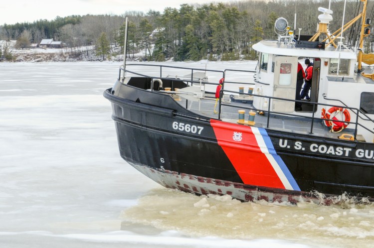 U.S. Coast Guard cutter Bridle breaks ice Jan. 24 on the Kennebec River just south of Chop Point in Woolwich.