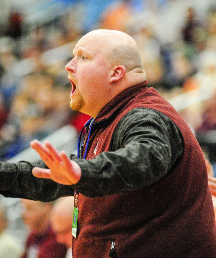 Monmouth girls basketball coach Scott Wing reacts during a Class C South semifinal game Thursday at the Augusta Civic Center.
