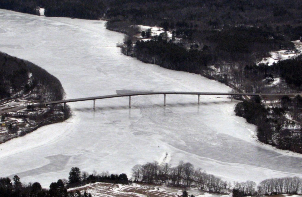 Ice continues to clog the width of the Kennebec River on Thursday around the Maine Kennebec Bridge, which links Richmond and Dresden. The Coast Guard obtained this aerial view in preparation for send ice-breaking boats up the river next week.