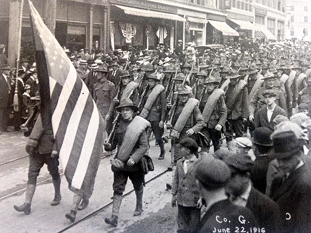 Maine soldiers who mobilized during World War I included two units bound for Texas, pictured here on paradeon June 22, 1916, in Bangor.