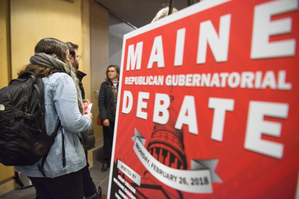 People enter the Ostrove Auditorium at the Diamond Building at Colby College in Waterville for the Republican gubernatorial debate on Monday.