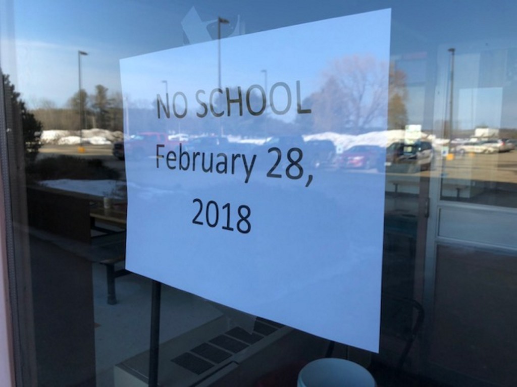 This notice was posted on the front door Wednesday at Skowhegan Area High School after an online threat Tuesday night, showing an image of an AR-15 assault rifle and a menacing message that "You're all DEAD."