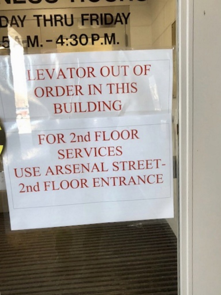 The elevator at Augusta City Center remained broken Wednesday as officials considered spending money for a less costly repair instead of $100,000 to modernize it.