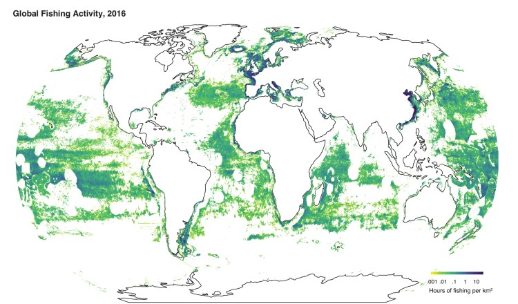 This image provided by Global Fishing Watch shows fishing activity around the world in 2016. According to a study released Thursday, Feb. 22, 2018, researchers found more than 55 percent of the world’s oceans are fished commercially, with five countries responsible for 85 percent of high seas fishing. Study co-author Boris Worm says the findings show that ships are obeying no-fishing zones and times, although they hover at the edges of marine-protected areas.