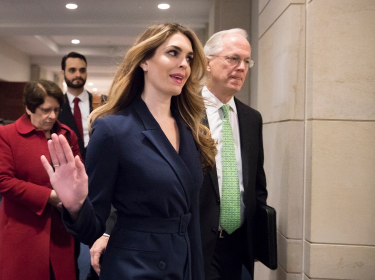 White House Communications Director Hope Hicks, one of President Trump's closest aides and advisers, arrives to meet behind closed doors with the House Intelligence Committee, at the Capitol in Washington, Tuesday, Feb. 27, 2018.