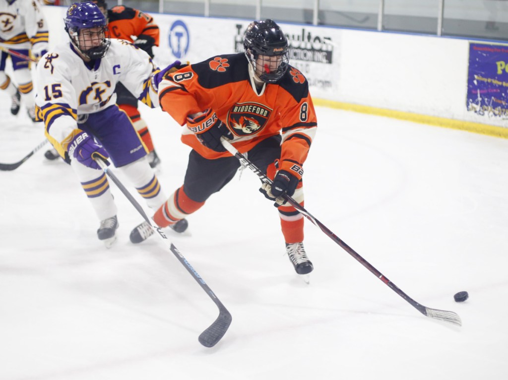Freshman Nick McSorley leads Class A South champion Biddeford with 39 points (21 goals, 18 assists). The Tigers meet Lewiston Saturday night in the state title game.(Photo by Derek Davis/Staff photographer)