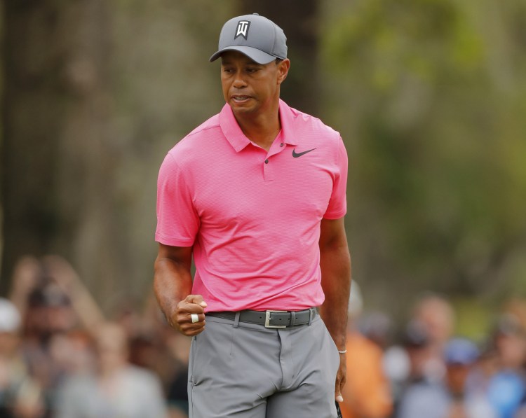 Tiger Woods reacts Saturday after his birdie putt drops into the third hole in the third round of the Valspar Championship. Woods is one shot behind with one round remaining.