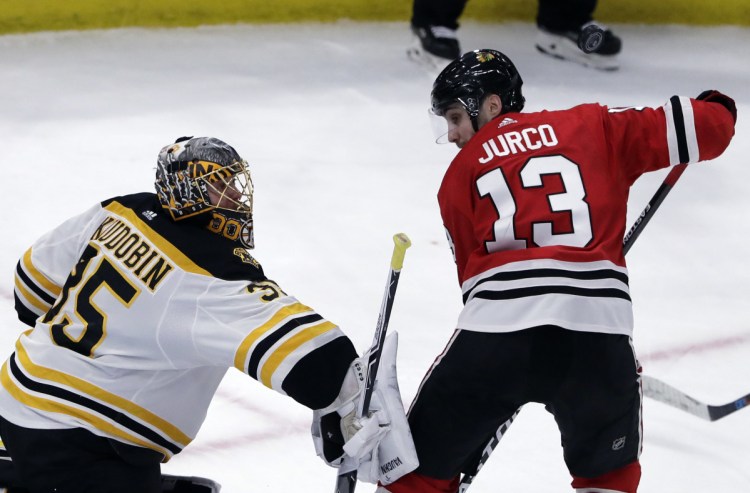 Bruins goalie Anton Khudobin blocks a shot by Chicago left wing Tomas Jurco during the third period of Chicago's 3-1 win Sunday in Chicago.