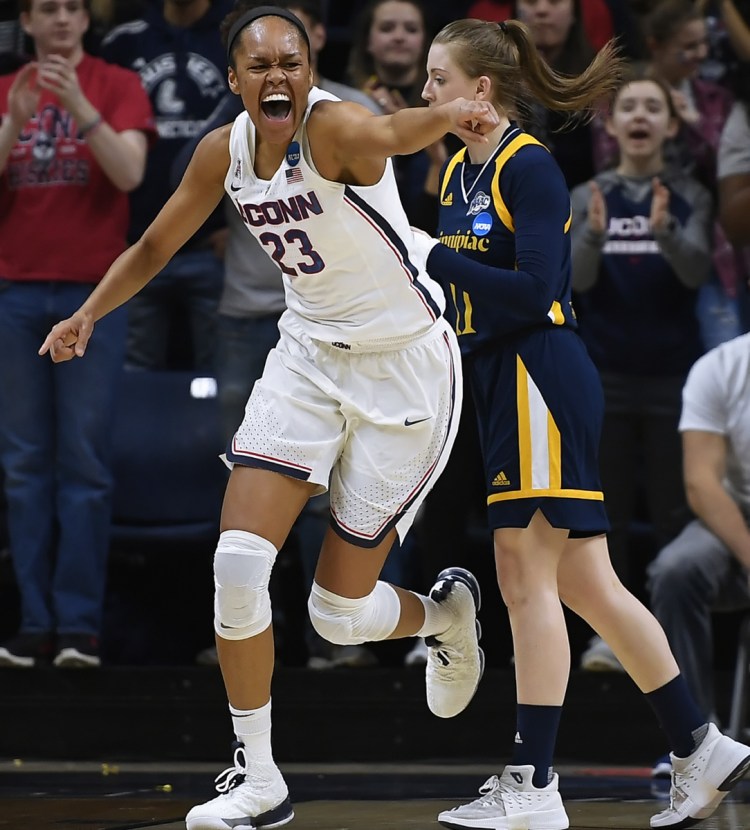 Connecticut's Azurá Stevens reacts after a basket during the Huskies' 71-46 victory over Quinnipiac in the second round of the NCAA women's tournament Monday at Storrs, Conn.