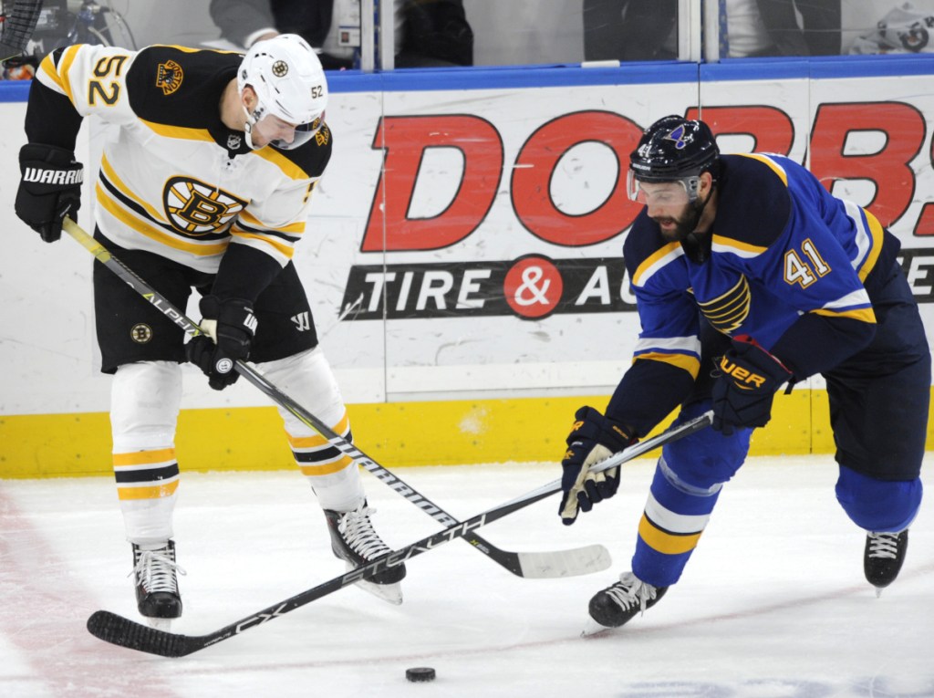 St. Louis' Robert Bortuzzo and Boston's Sean Kuraly vie for the puck during the first period Wednesday night in St. Louis.