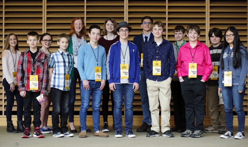 PORTLAND, ME - MARCH 24: Champions from 14 Maine counties competed in the 2018 Maine State Spelling Bee n Saturday at University of Southern Maine for the chance to represent the state at the Scripp's National Spelling Bee in Washington, D.C. Colin Aponte, sixth from left, won the comtest by successfully spelling "crescendo." From left: Taylor Pelletier, Gage Taylor, Marilyn Worcester, William White, Moriah Reusch, Colin Aponte, Kaitlyn Bartash, Thomas Brearley, Nathanael (cq) Brown, Isaac Wyer, Samuel Scala, Jack Steere, Max Sanborn, Fatima Herrera Vargas. (Staff photo by Ben McCanna/Staff Photographer)