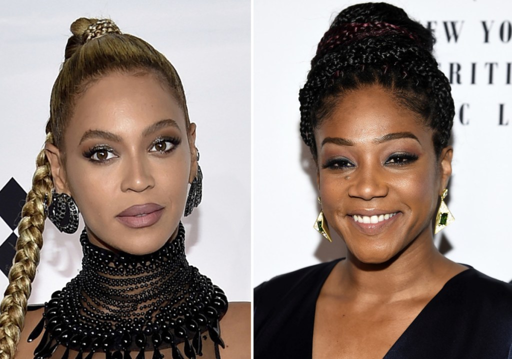 "Girls Trip" actress Tiffany Haddish, near left, set the social media rumor mill spinning Monday when she said in a GQ magazine profile that Beyonce was bitten on the face at a party in December.