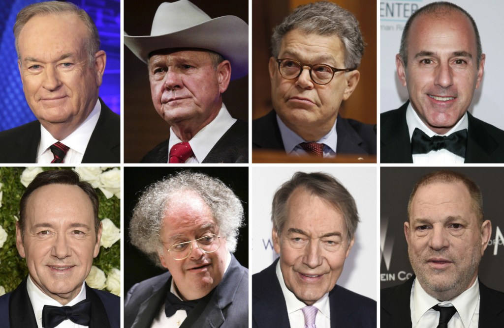 Men who have been swept up by the #MeToo movement:
Top row from left, broadcaster Bill O'Reilly, U.S. Senate candidate Roy Moore, U.S. Sen. Al Franken, D-Minn., and broadcaster Matt Lauer. Bottom row from left are actor Kevin Spacey, conductor James Levine, broadcaster Charlie Rose and film producer Harvey Weinstein.
Associated Press