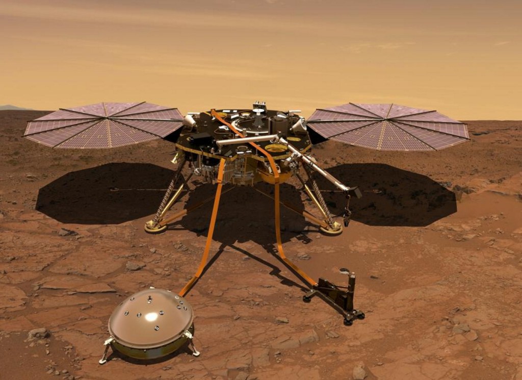 An artist's rendition of the InSight lander operating on the surface of Mars.
