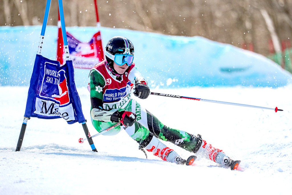 Alexa Dlouhy of Canada carves her way around a gate Saturday during the World Pro Ski Tour event at Sunday River. Dlouhy defeated Dartmouth College teammate Foreste Peterson in the women's final.