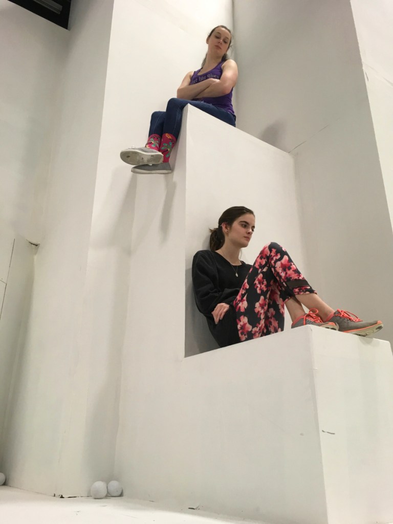 Chloe Woodward, above, and Lizzie Mitchell rehearse for "Staring Up at Giants."