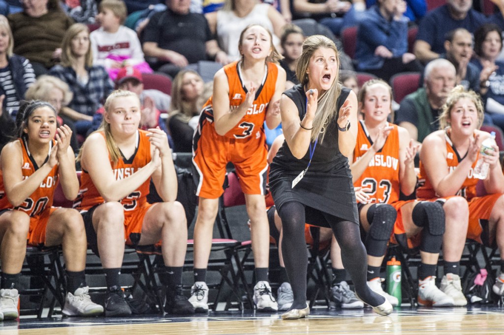 Winslow coach Lindsey Withee reacts during the Class B North championship game against Presque Isle on Saturday at the Cross Insurance Center in Bangor.