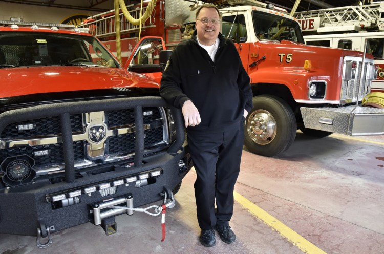 Waterville and Winslow Fire Chief David LaFountain stands inside the Winslow fire station on Friday. LaFountain has announced he is retiring in June.