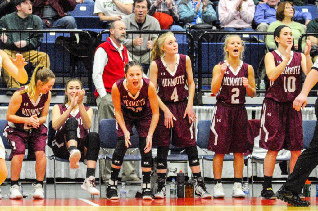 Monmouth players react late in the Class C South final game against Boothbay last Saturday at the Augusta Civic Center.
