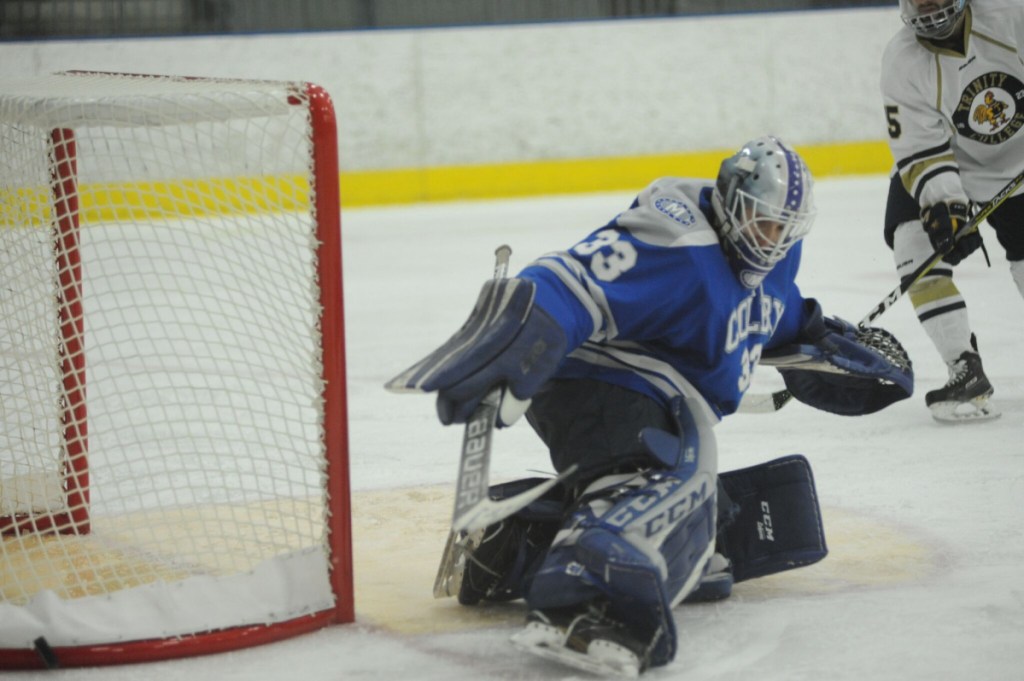 Contributed photo
Colby goalie Sean Lawrence makes a save against Trinity in the New England Small College Athletic Conference championship game Sunday in Hartford, Connecticut.