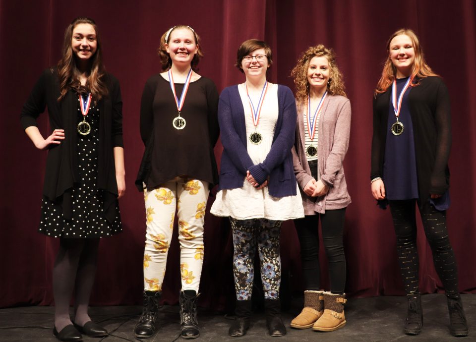 Poetry Out Loud Northern Regional Finalists from left are Lydia Caron, a senior at Bangor High School; Hannah Lavenson, a senior at Messalonskee High School; Lauren Farmer, a sophomore at Rangeley Lakes Regional Schools; Lauren Dodge, a senior at Lee Academy; and Katherine Kemper, a senior at Camden Hills Regional High School.