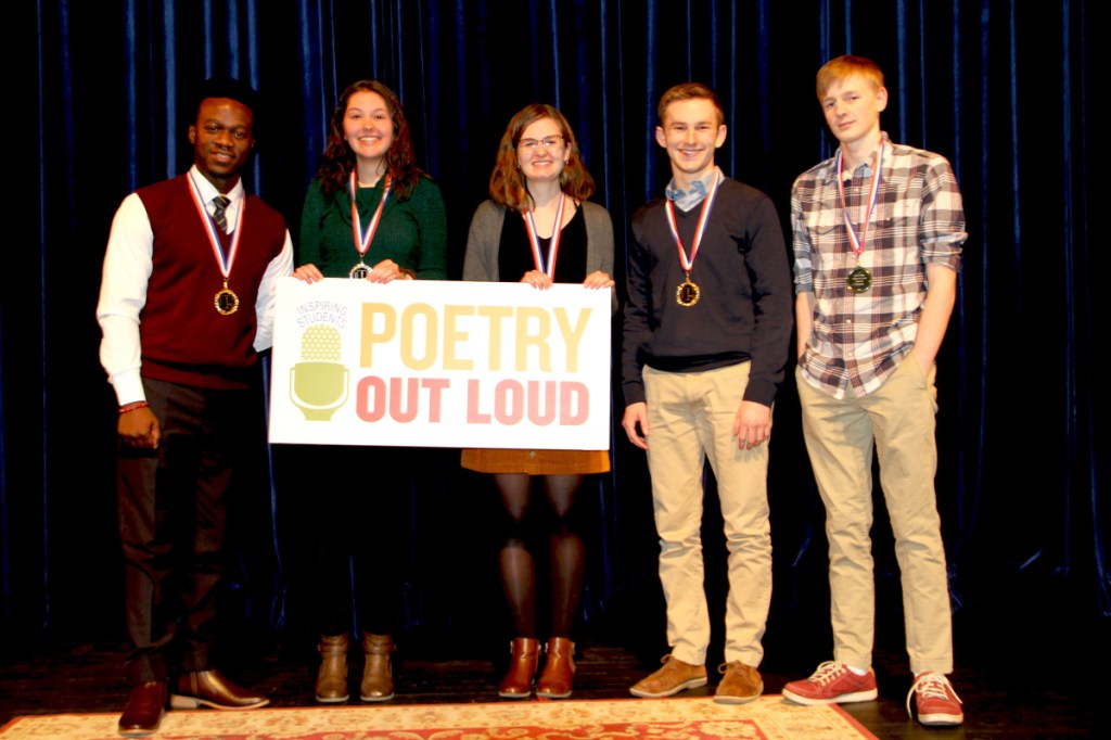Poetry Out Loud Southern Regional Finalists from left are Allan Monga, a junior at Deering High School; Abbie vanLuling, a senior at Gorham High School; Emma Lombardo, a junior at Westbrook High School; Richard Hilscher, a senior at North Yarmouth Academy; and Wyatt Bates, a junior at Yarmouth High School.