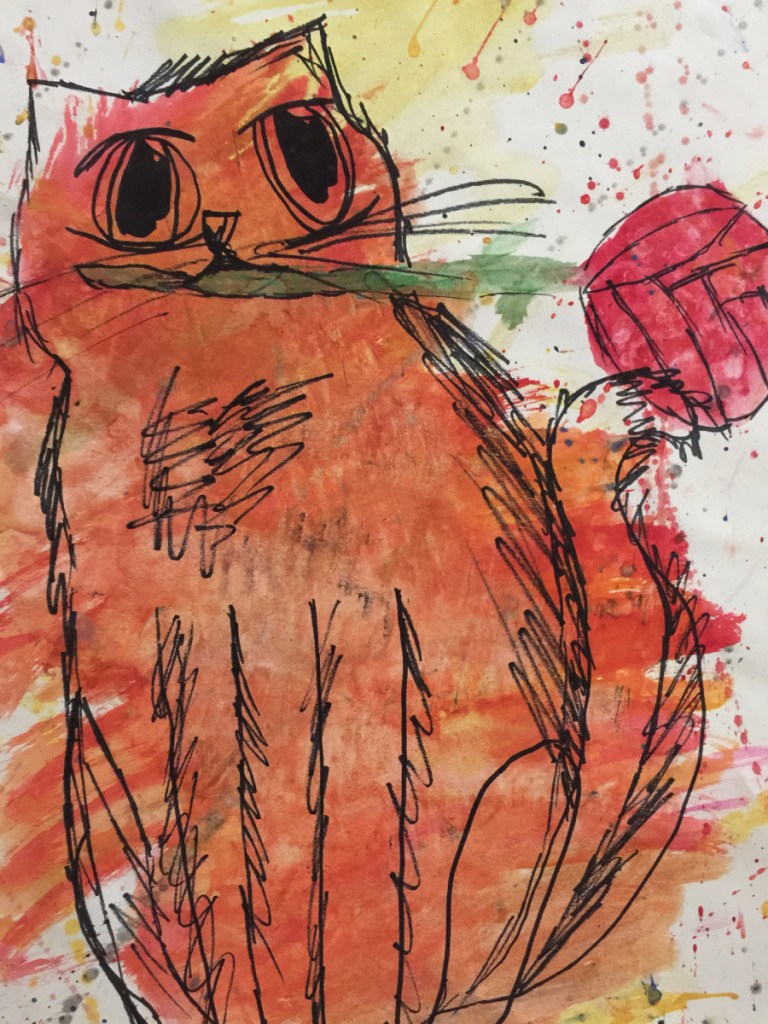 "Cat with Rose," a watercolor and ink by Brooke Caswell, a sixth grader from Madison Junior High School.